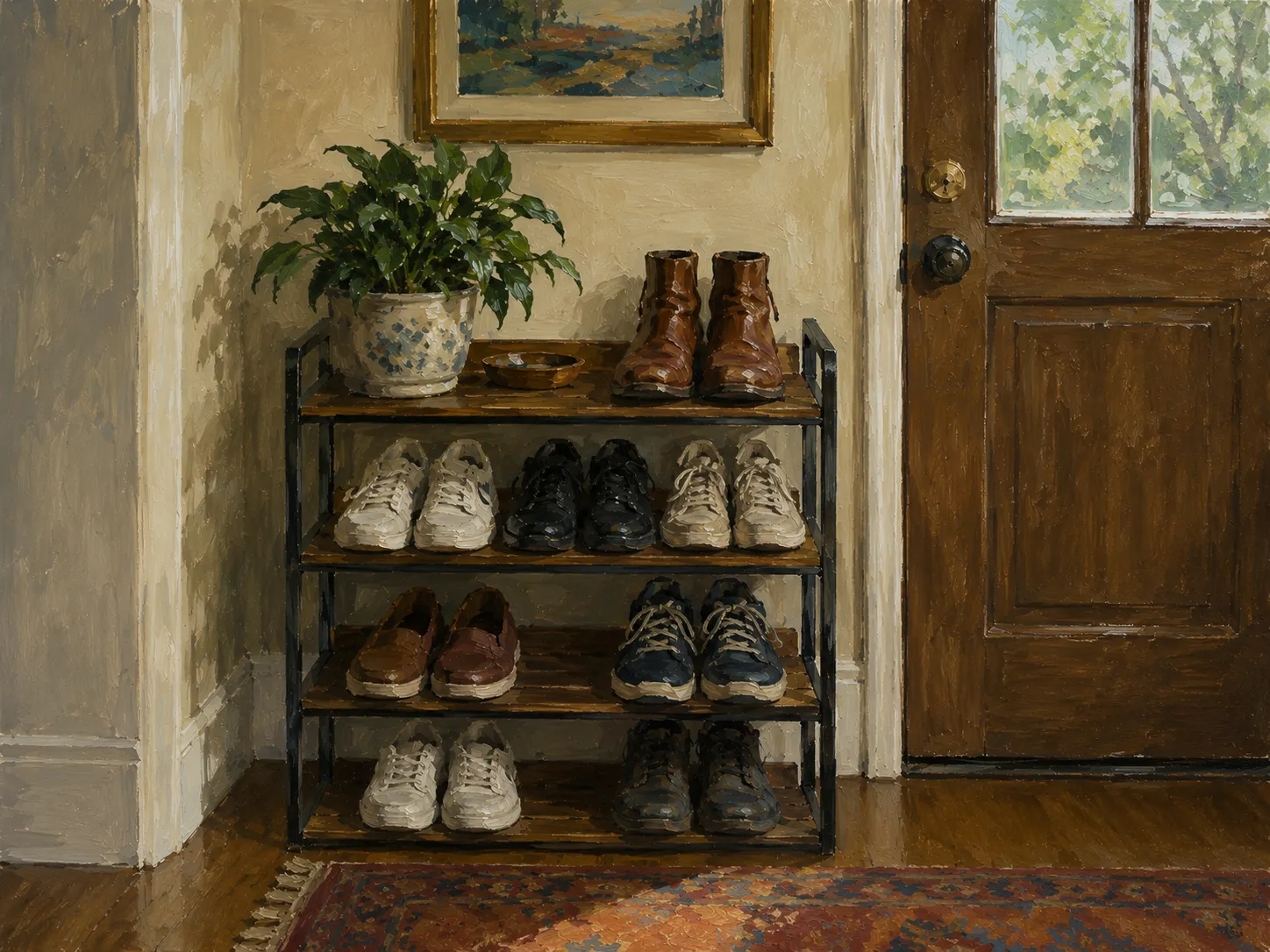 A wooden shoe rack of shoes and boots beside a front door and entry plant